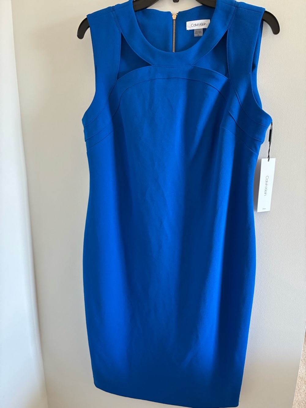 NWT Calvin Klein Royal Blue Sleeveless Cutout Neck Crepe Sheath Dress Size12